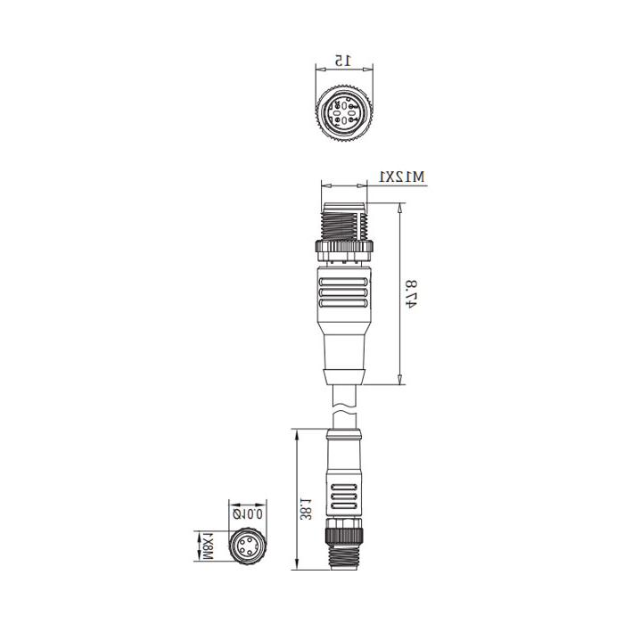 M8公头直型4Pin转M12公头直型 4Pin（D-coded)、双端预铸PVC非柔性电缆、带屏蔽、绿色护套、0C3081-XXX